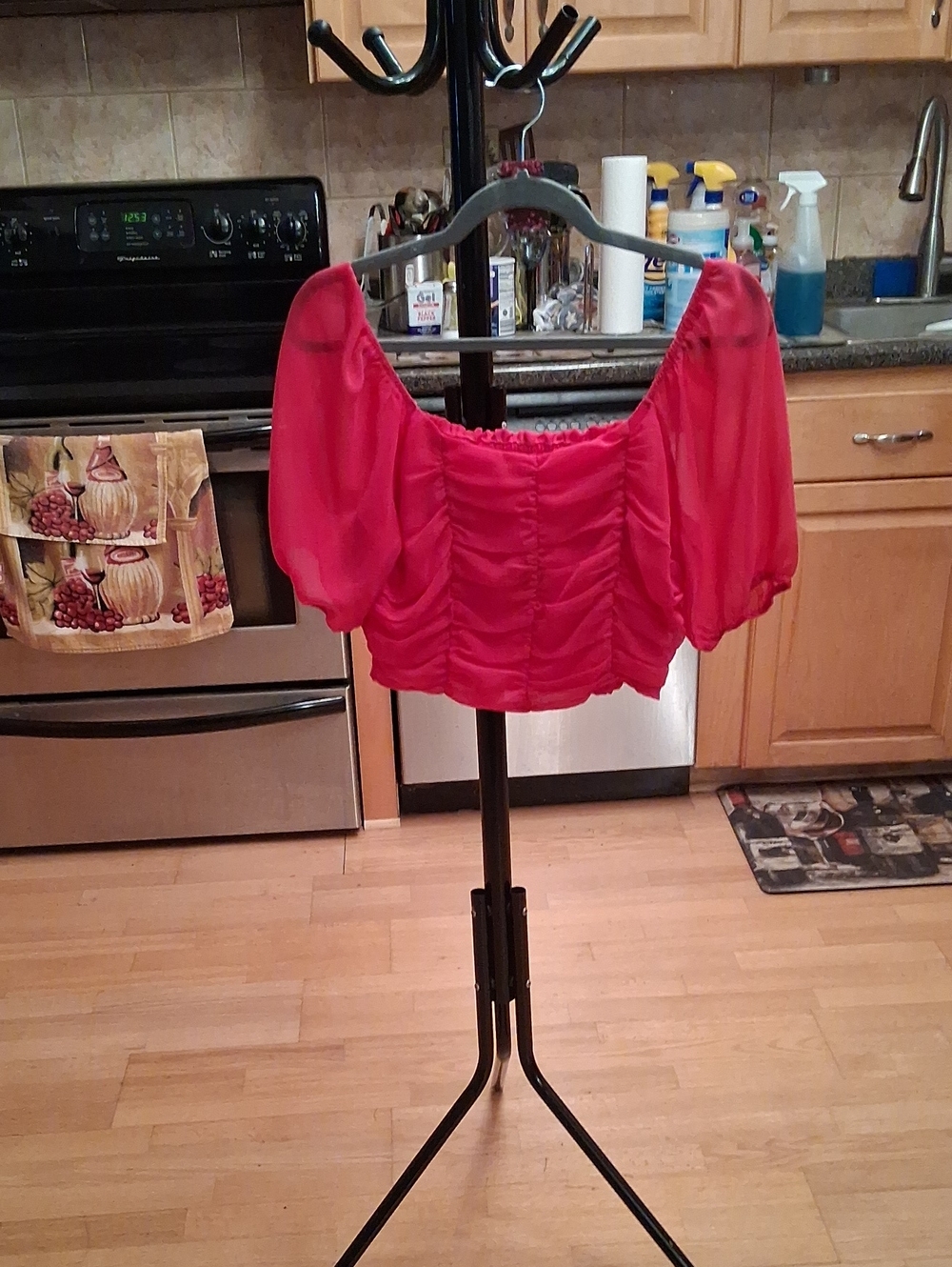 Hot Pink Ruched Off-Shoulder Puff Sleeve Crop Top